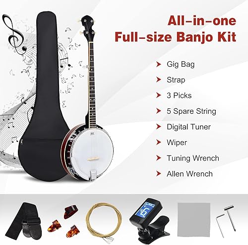 Miniatura 6 de Costzon Banjo de 5 cuerdas 24 soporte con 5 sintonizador engranado y mango cerrado de rango medio, kit para principiantes con bolsa de tela Oxford
