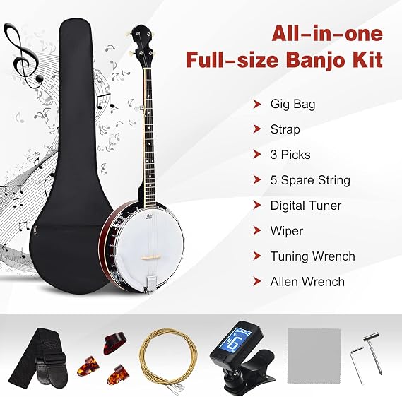 Costzon 5-String Banjo 24 Bracket with Geared 5th Tuner and Mid-range Closed Handle, Beginner Kit with 420D Oxford Cloth Bag, One Strap, Wiper, 3 Picks