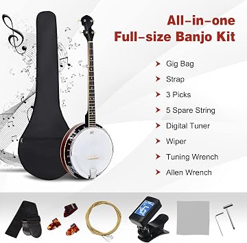 Costzon 5-String Banjo 24 Bracket with Geared 5th Tuner and Mid-range Closed Handle, Beginner Kit with 420D Oxford Cloth Bag, One Strap, Wiper, 3 Picks