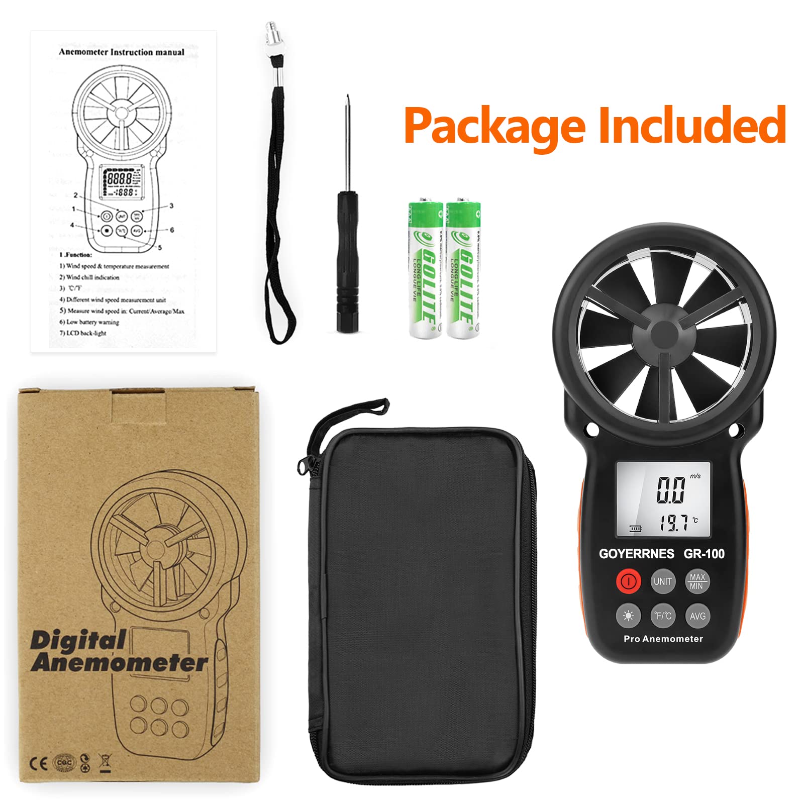 Anemometro digitale Misuratore di velocità del vento portatile 0,7~42m/s Anemometro tascabile della velocità dell'aria con bussola