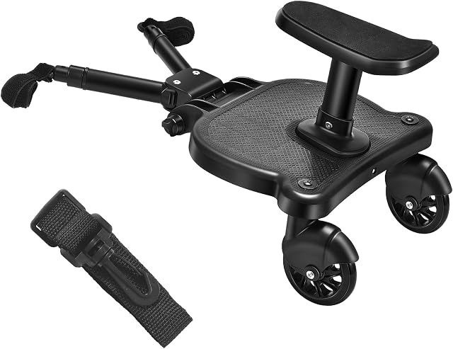 Vogvigo Buggy Board with seat, Kiddy Board with Standing Board, Stroller Board, Two Wheel Design, Pram Accessory for Children from 2-6 Years (25kg), Compatible with Over 99% of Pushchairs