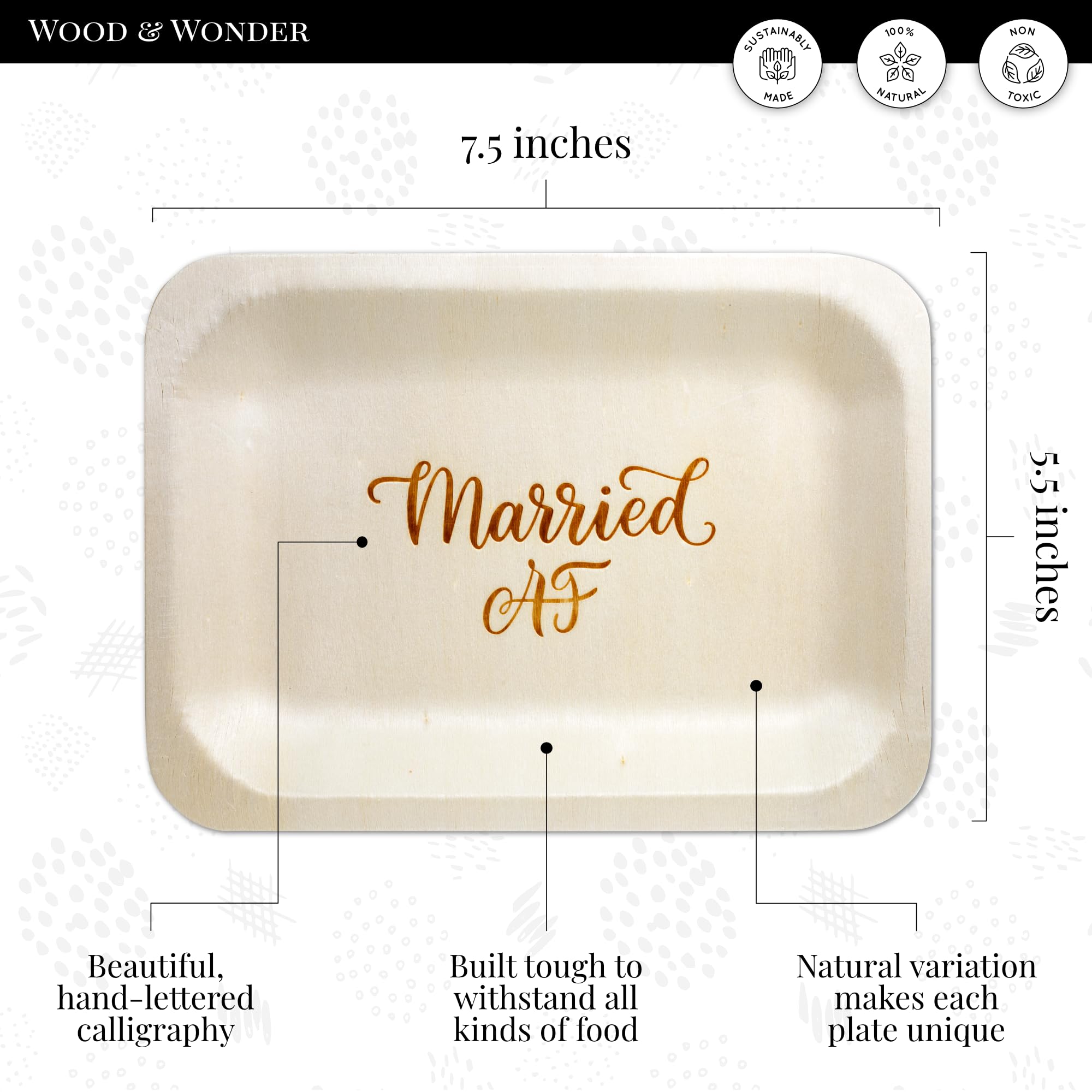 Married AF - Platos desechables de boda, alternativa rústica y compostable a los platos de plástico para recepciones de boda, fiestas de compromiso y cenas de ensayo (ensalada/postre, paquete de 50)