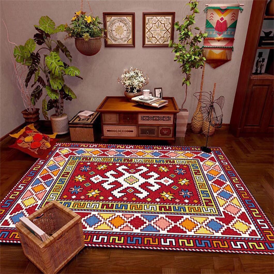 Tapis de couloir long à poils courts géométrique rouge rétro