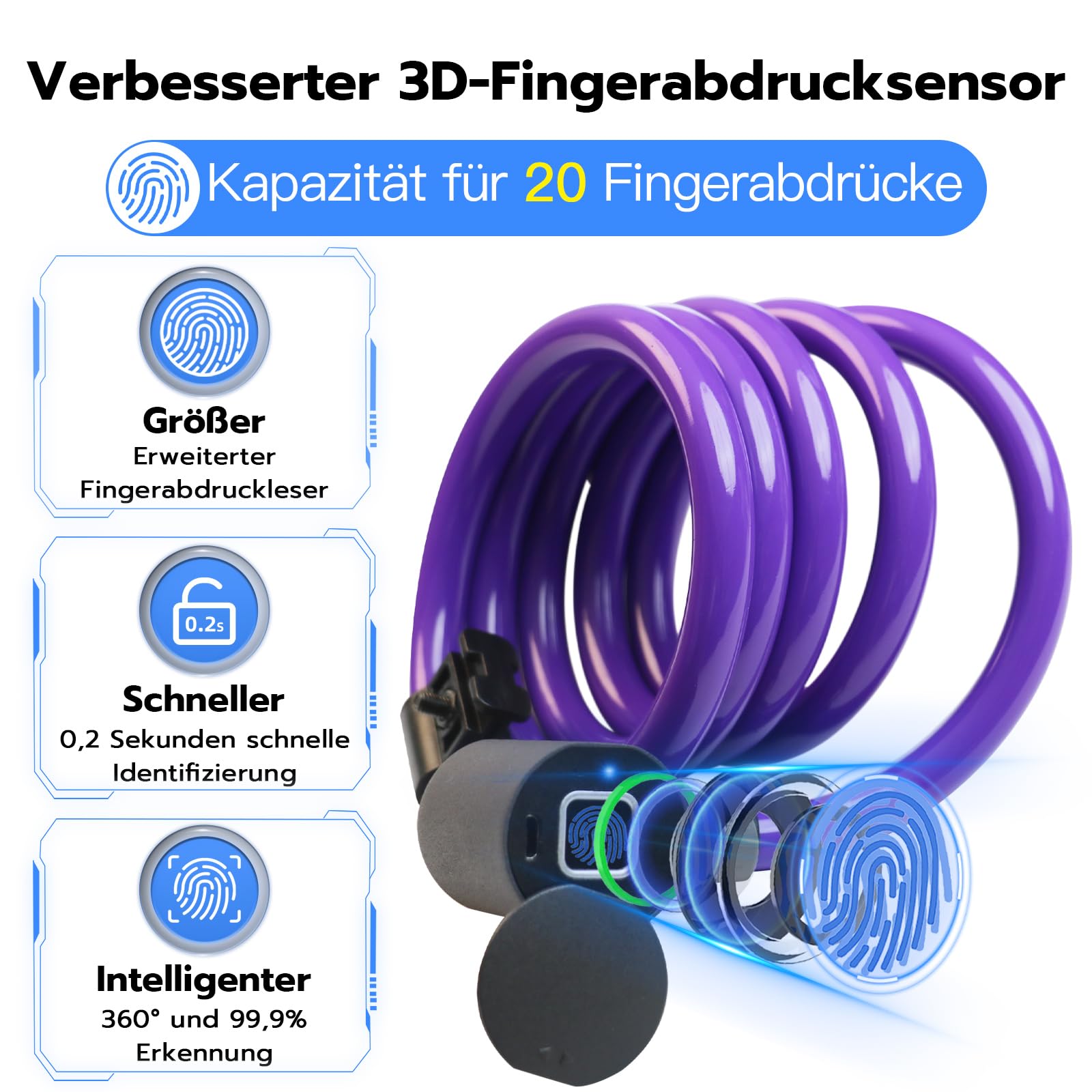Anweller Fahrradschloss Fingerabdruck,1.5m Kabelschloss wasserdicht tragbar mit Fahrradschlosshalter, Smart Lock mit 20 Fingerabdrücke aufzeichnbar, Diebstahlsicherung aus 12mm Stahldraht Sport & Freizeit