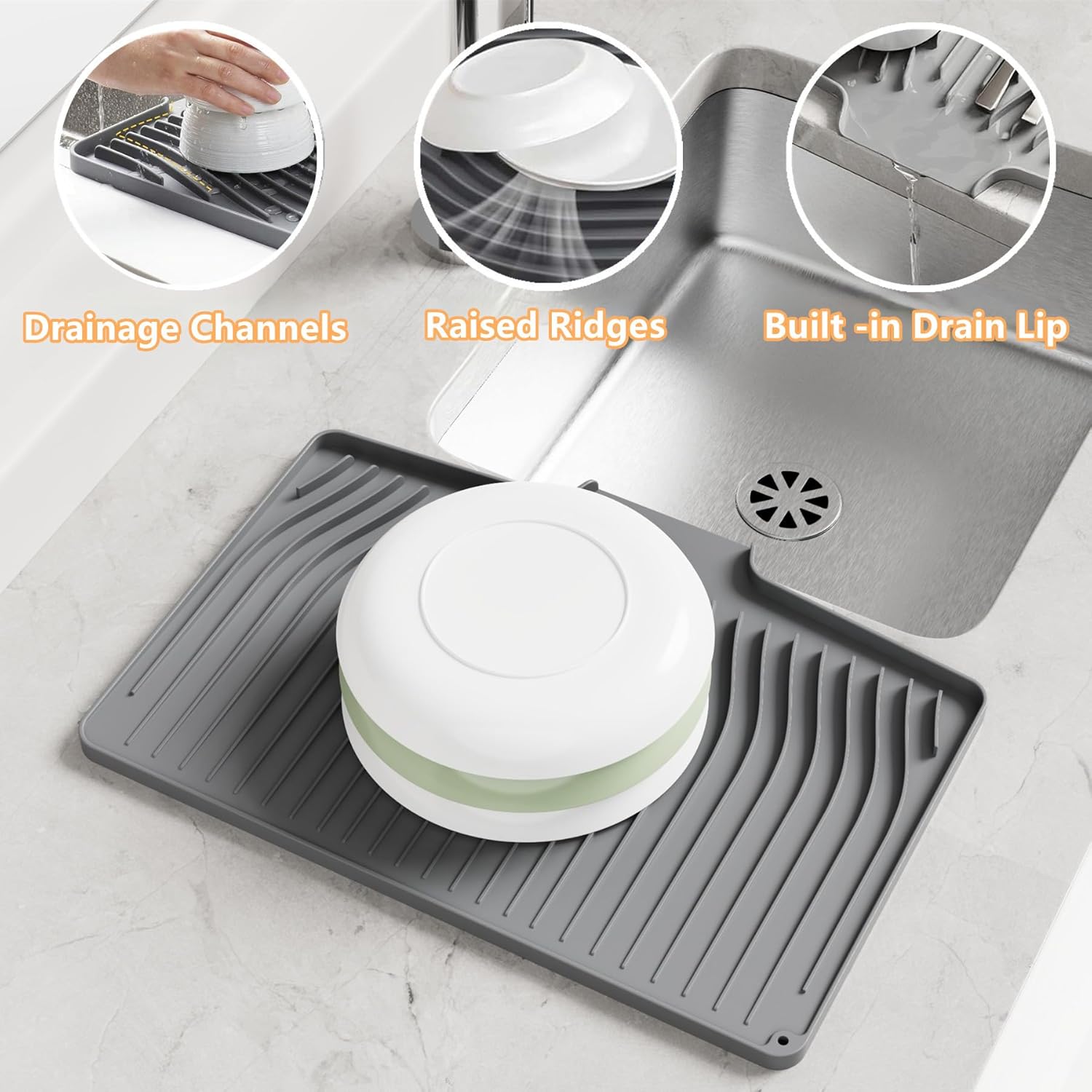 Dish Drying Mat, Silicone Dish Drying Mat for Kitchen Counter, Drainer Mat with Built-in Drain, Non-Slip, Heat Resistant Dish Drying Pad (Black, 14.6"x11.6")