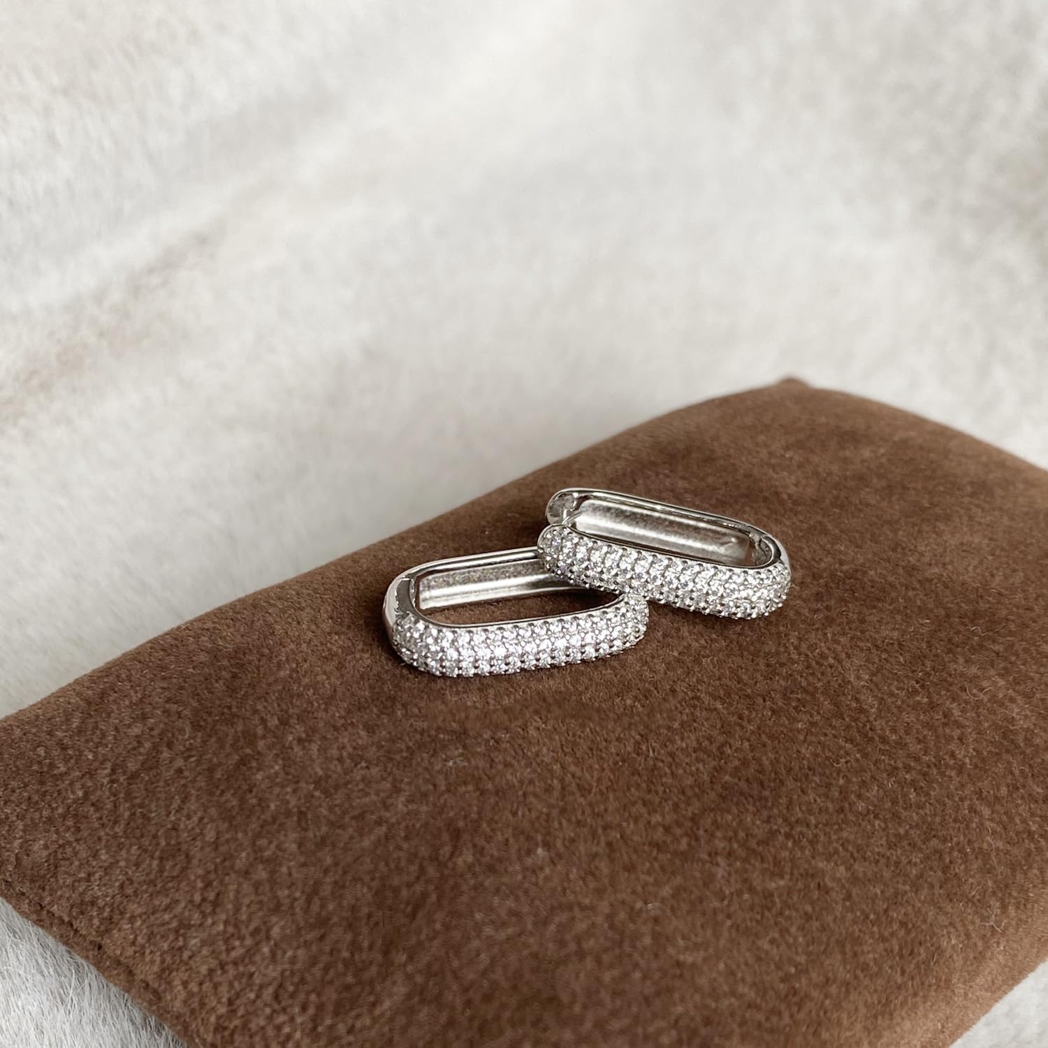 925 Sterling Silver 30mm Rectangle Shape Icon Pave Zircon Huggie Hoop Earrings