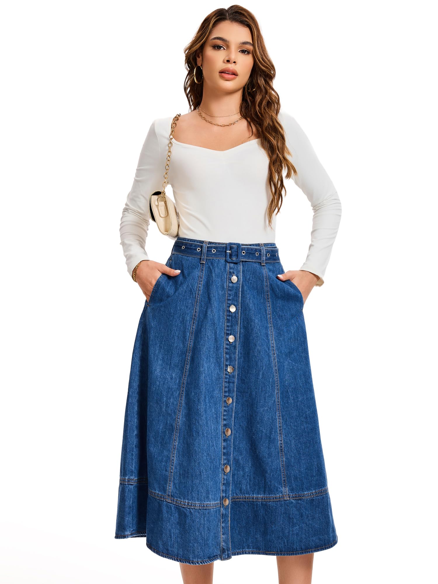 Damen Vintage Knopfleiste Ausgestellter Midi Jeansrock