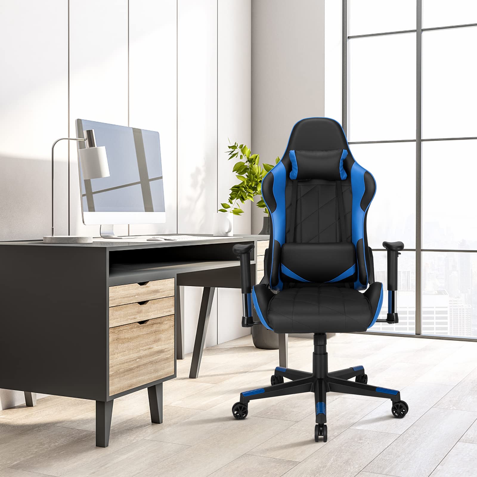 GIANTEX Chaise Gaming Ergonomique Réglable avec d'Appuie-Tête Oreiller Lombaire, Fauteuil Gamer avec Dossier, Siège, Accoudoirs Réglables, Charge de 150 KG (Bleu)