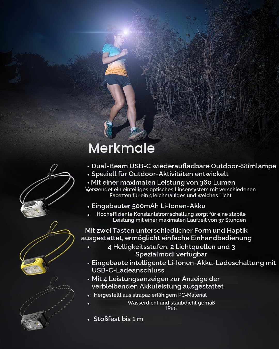 Nitecore Stirnlampe NU21, leicht, USB-C-aufladbare LED Kopflampe, 360 Lumen, 58 m Leuchtweite, Rotlicht für Nachtsicht, weiß