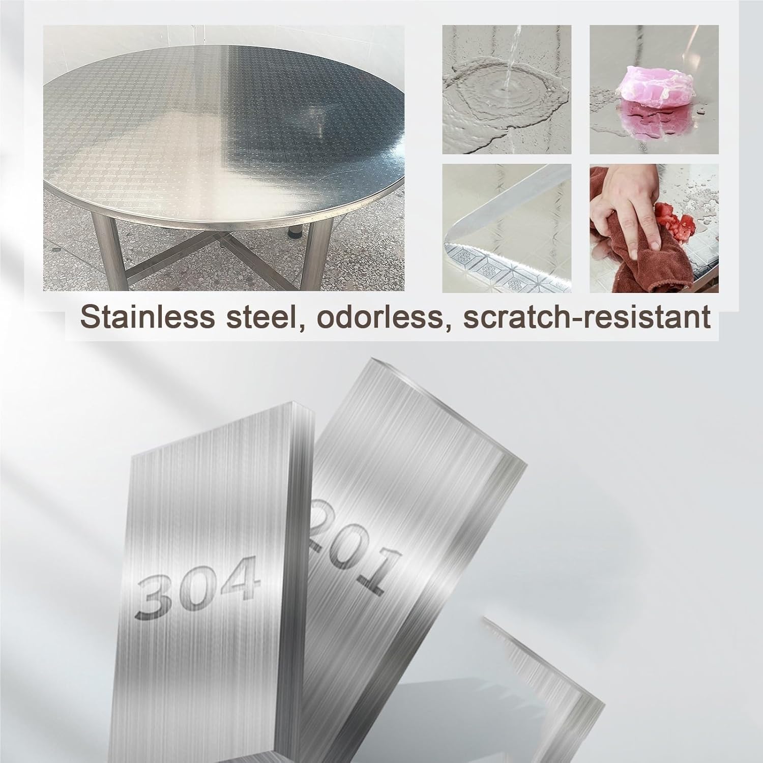 Folding Stainless Steel Workbench Brushed/Embossed Round Kitchen Work Table Snap-on Design Reinforced Crossbeam Beneath Worktop Non-Slip Foot Pads