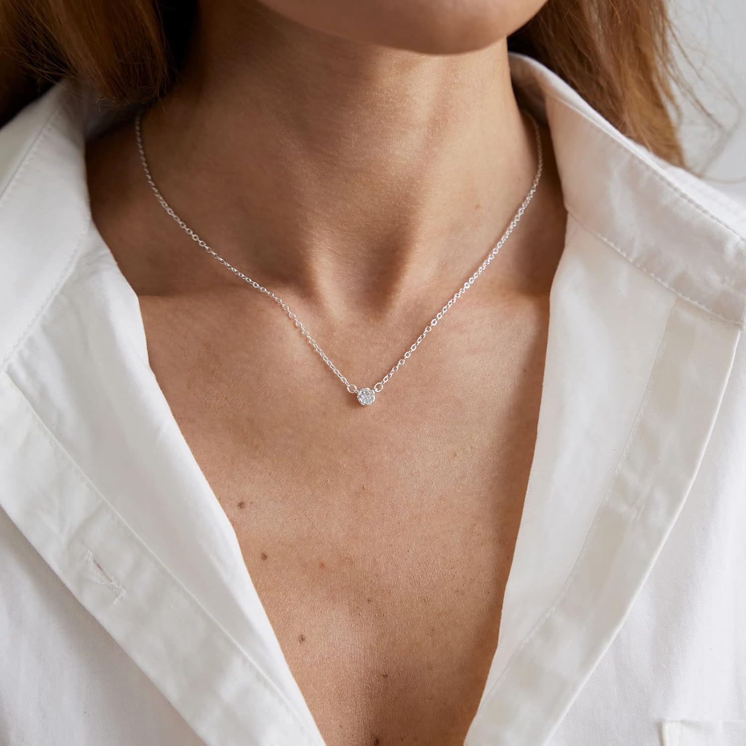 MIDEEO CZ Diamond Necklace for Women Dainty Layered Cubic Zirconia Solitaire Pendant Necklace Gold Plated Waterdrop Shape Square Emerald Green CZ Simulated Diamond Bridesmaid Necklace Tiny CZ-Silver image 4 of 7 B0B4JRTH4D