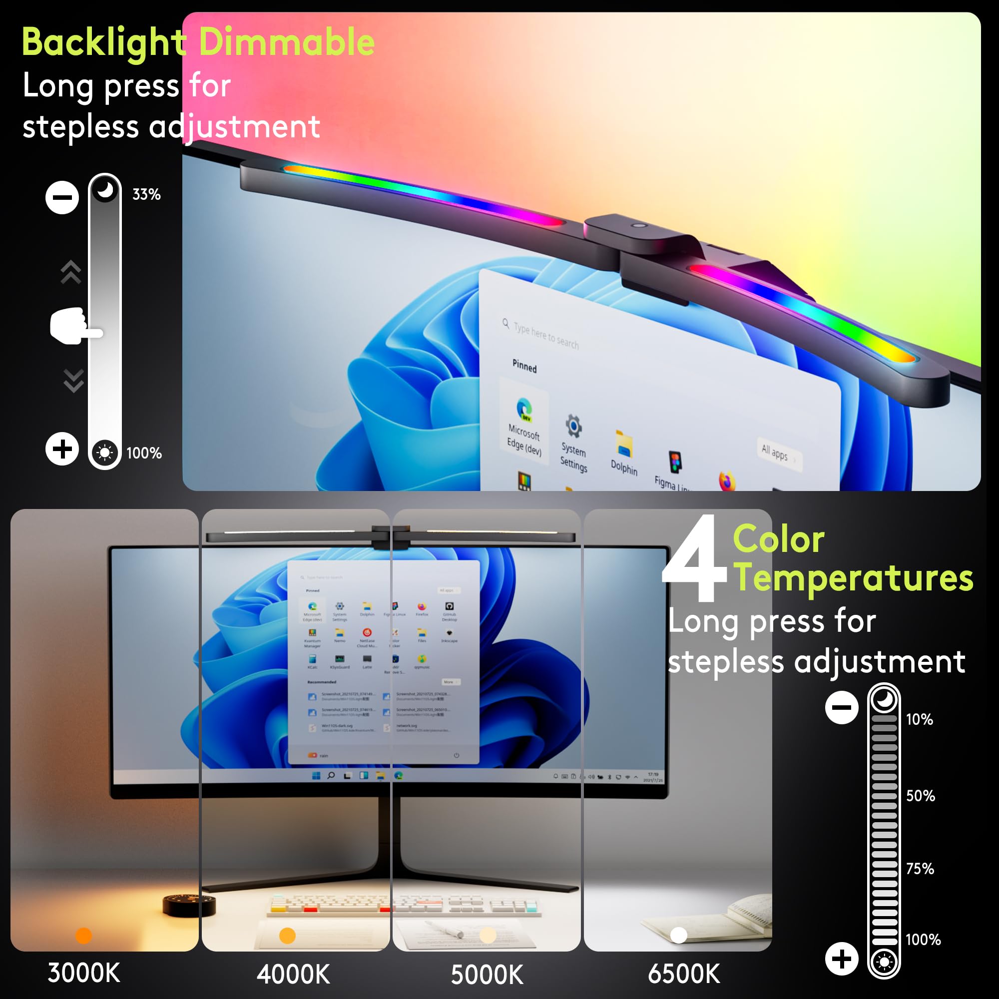 Quntis 66CM Lámpara Monitor Curvo con RGB Retroiluminación, Luz de Monitor Plegable Superbrillante Regulable, Luz Ordenador con Atenuador Automático, Para el Hogar Oficina Estudio Entretenimiento