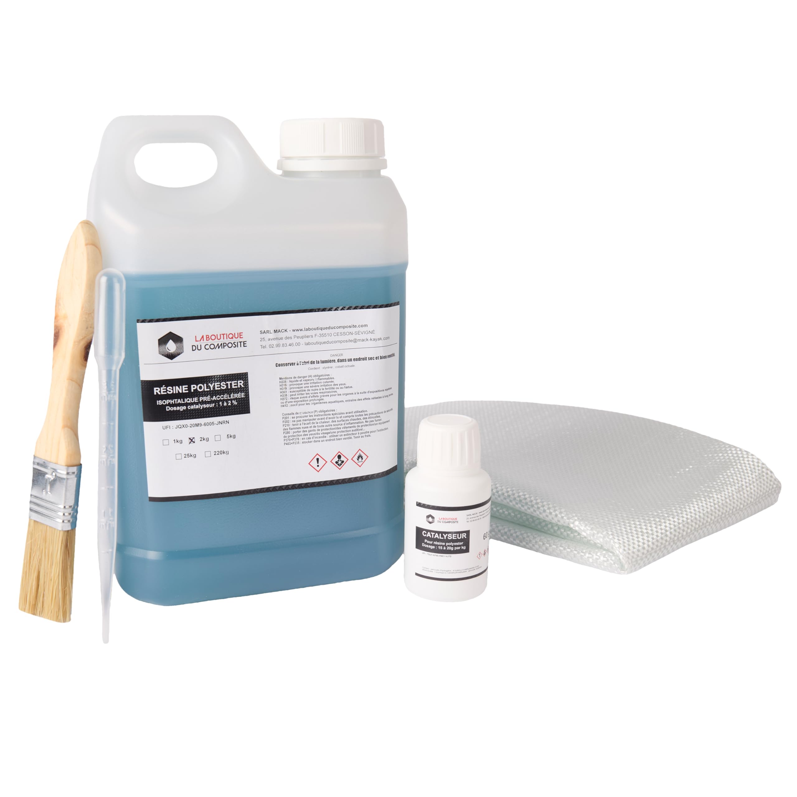 Kit Résine Polyester 2 kg avec Catalyseur et 2 m² Roving 300 g/m² – Réparation Fibre de Verre, Bateau, Piscine, Carrosserie