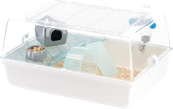 FERPLAST MINI DUNA HAMSTER Cage pour Rongeurs pour Hamsters, Souris, en Plastique, Accessoires inclus : Mangeoire, Abreuvoir, Étagère, Maison, Échelle, Roue. 55x39xh27cm - 4