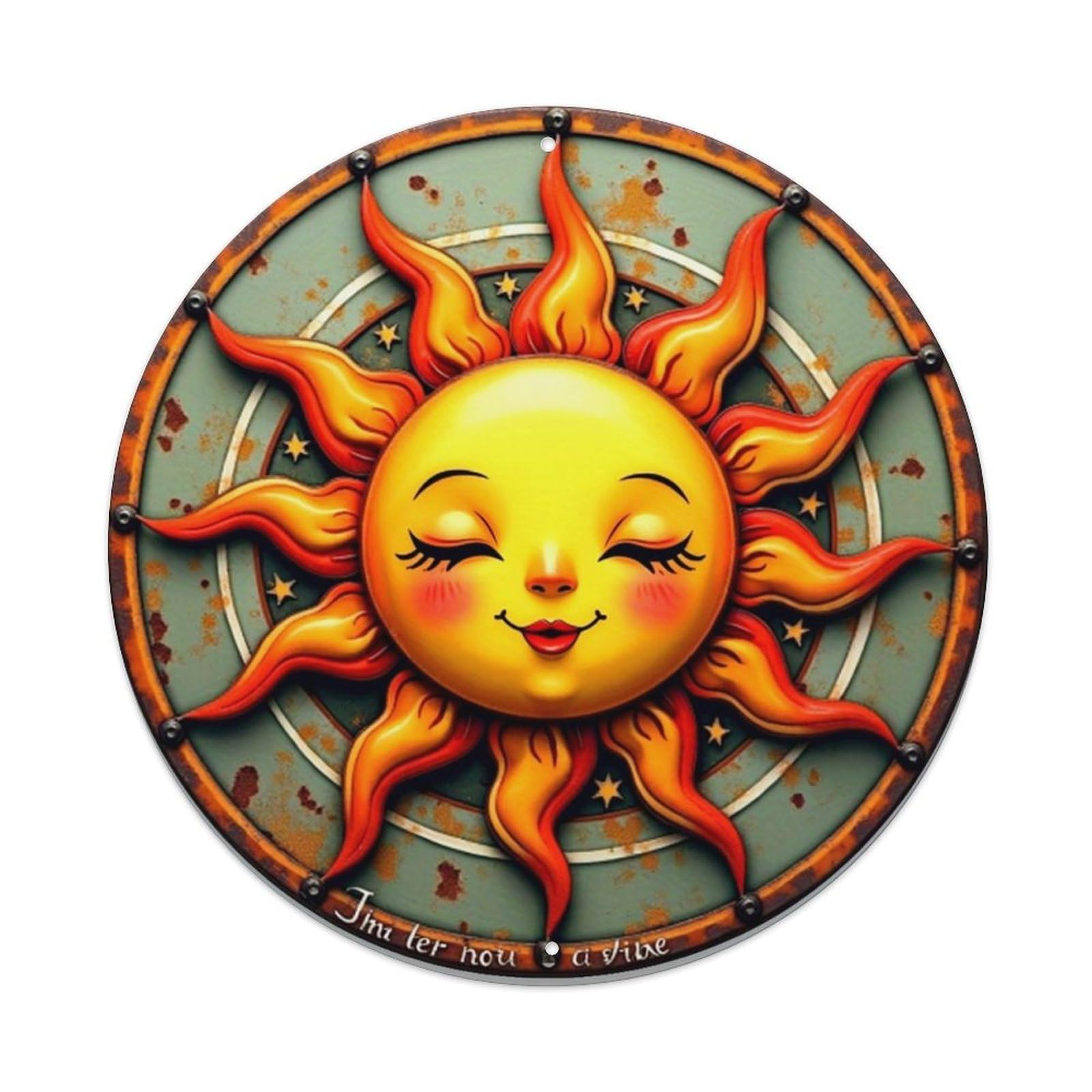 Sun Face With Flames And Stars Vintage Round Tin Sign Retro Metal Wall Decor Metal Poster, Home Bar Garage Cafe Wall Art Decoration 8x8Inches