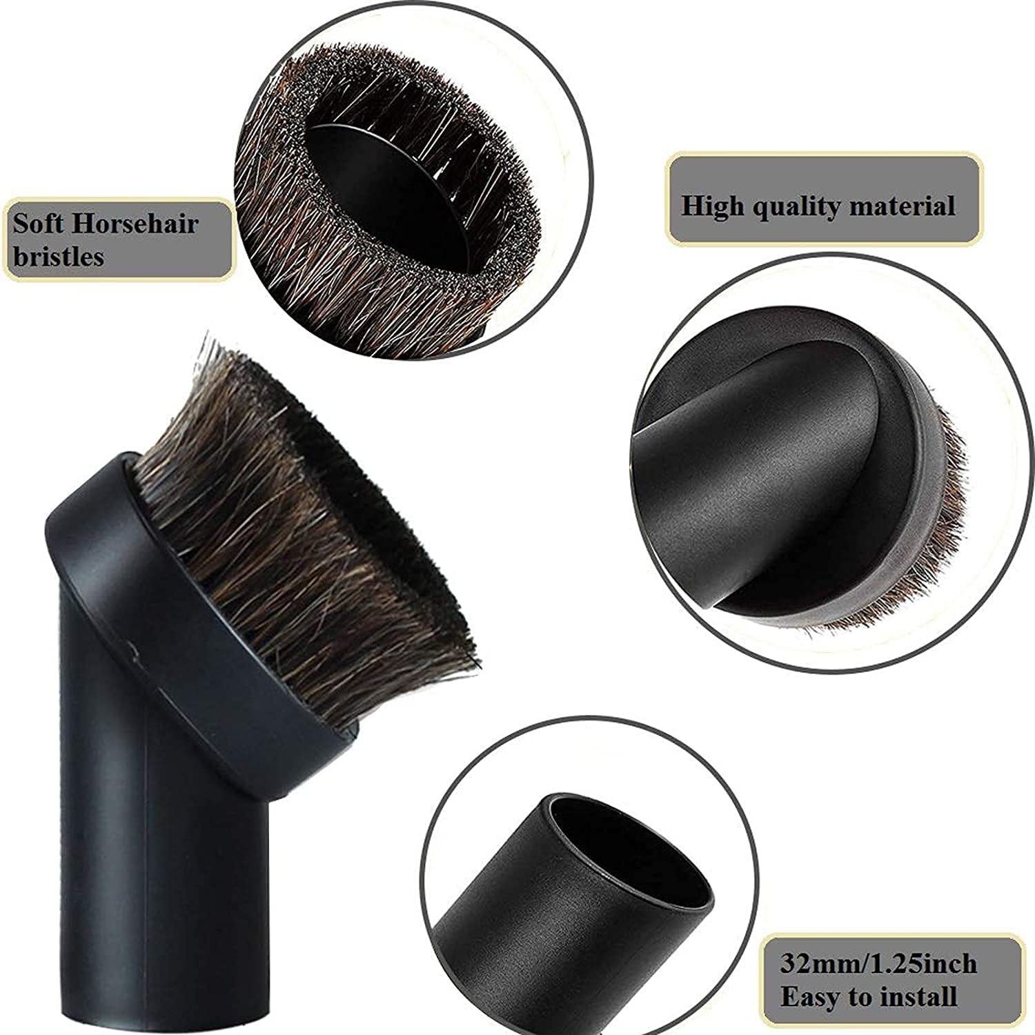 ECOMAID 2 Packs Round Dust Brush 25MM Horse Hair 1.24" Cleaner Vacuum Attachment Brush Soft Bristles Replacement with 1-1/4" to 1-3/8" Hose Adapter