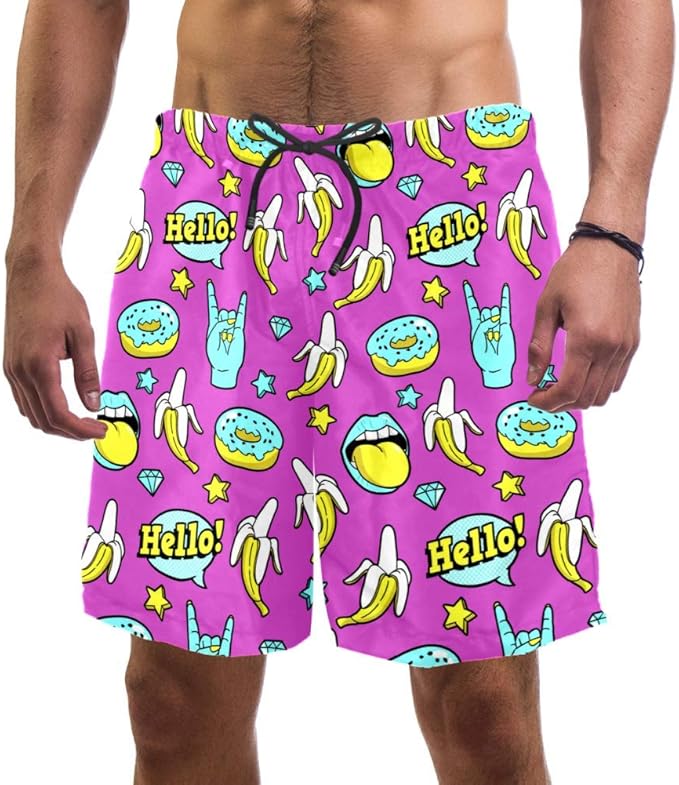 TIZORAX Bananas Donuts Diamond Swim Shorts for Men Swim Trunks Men’s