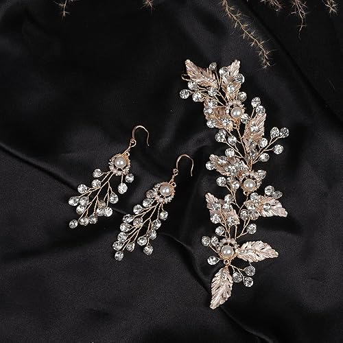 Miniatura 3 de BERYUAN Juego de aretes de diadema con diamantes de imitación de perlas para novia, diseño de hojas de champán, accesorios para el cabello de boda