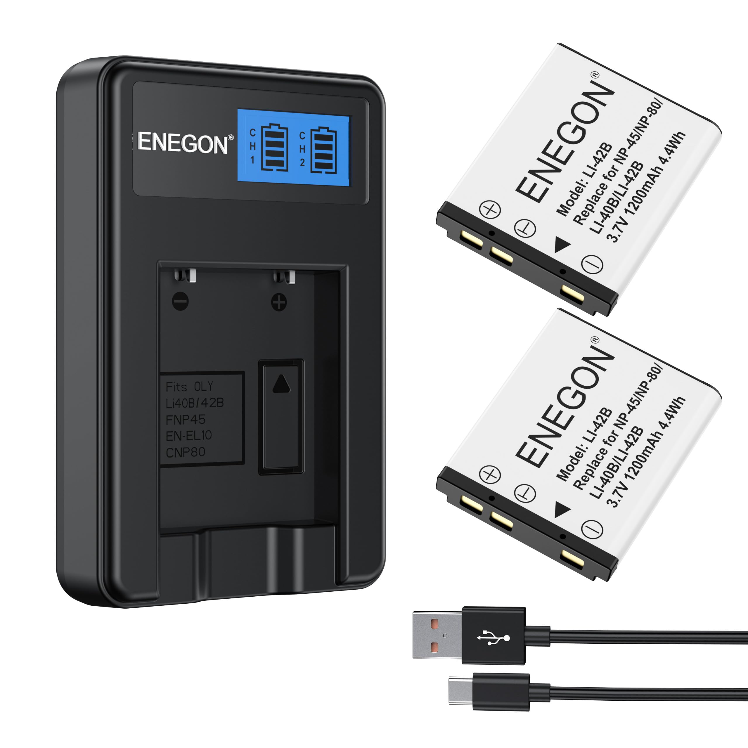 ENEGONNP-45 Replacement Battery (2 Pack) and USB Charger Kit for Nikon EN-EL10,for fujifilm NP-45S/A/B, NP-80,Li-40B,Li-42B, INSTAX Mini 90, FinePix XP140/130/120/90/80/70/60/50,T350,T550,JX500