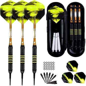 Darts with Plastic Tip for Electronic Dartboard Set of 3 Soft Darts Set 18 g Professional Soft Darts and Extra Shaft Flights Dart Tips Anti-Loose Rubber Rings