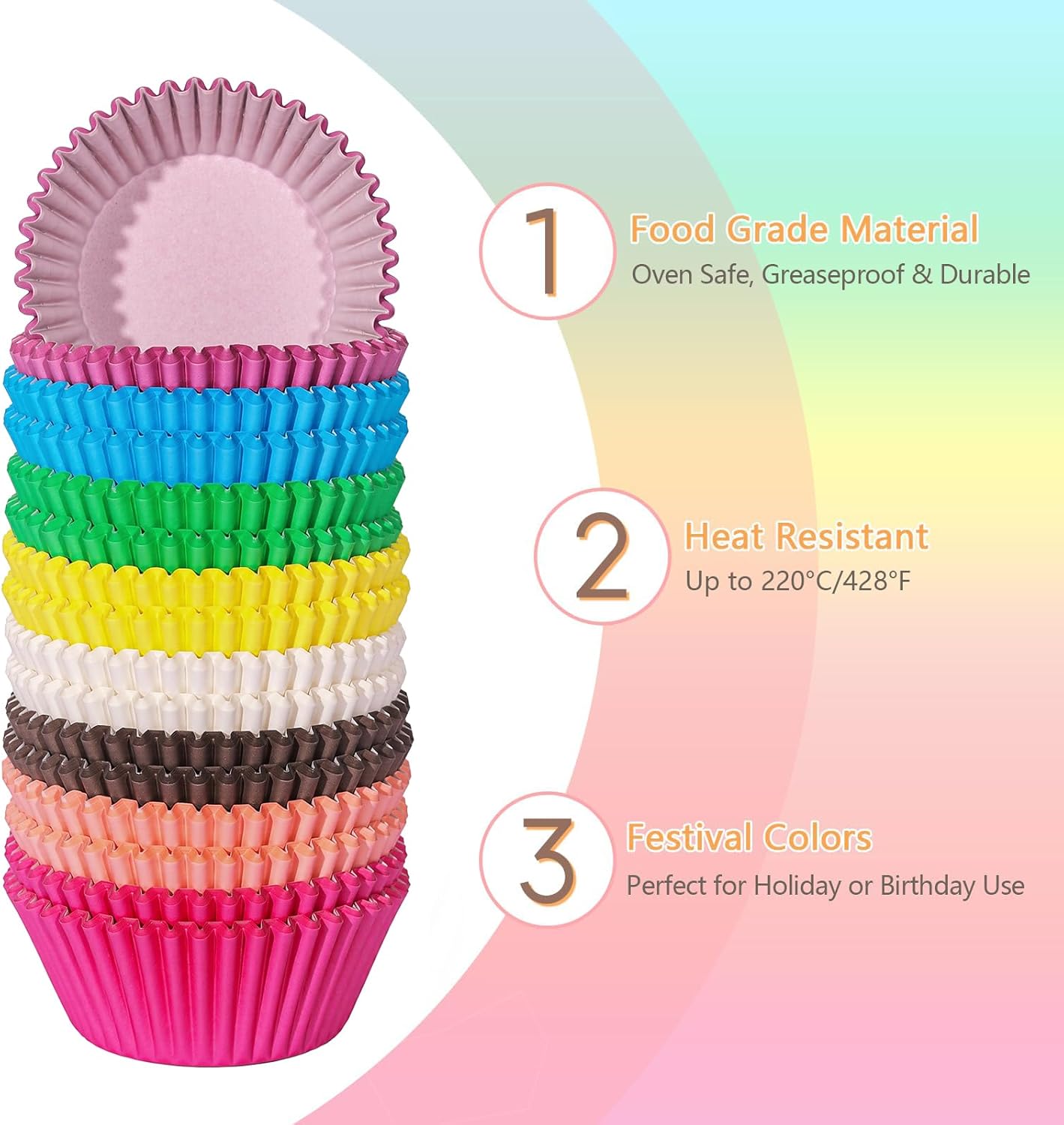 Rainbow Standard Cupcake Liners Colorful Paper Baking Cups Disposable