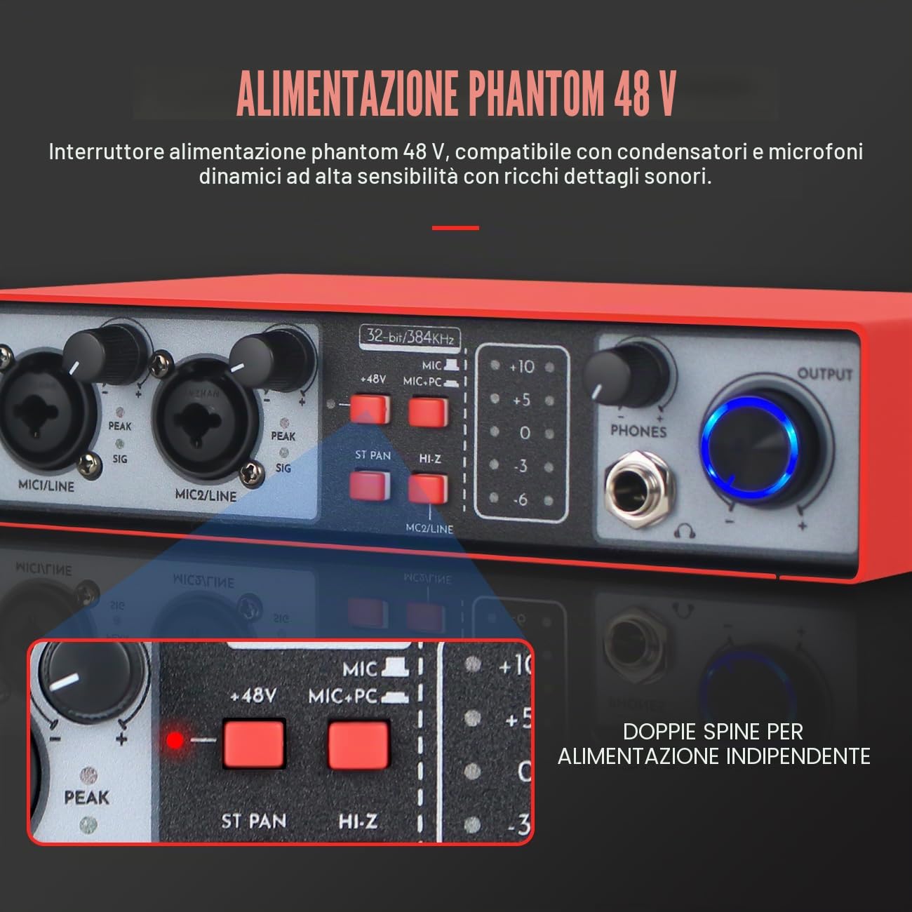 Interfaccia Audio USB 2 in 2-out, 32 Bit/384 kHz DSP, Registrazione Scheda Audio Mixer Audio per Home Studio può Collegare Microfono a Condensatore da 48 V, NMX02-RED