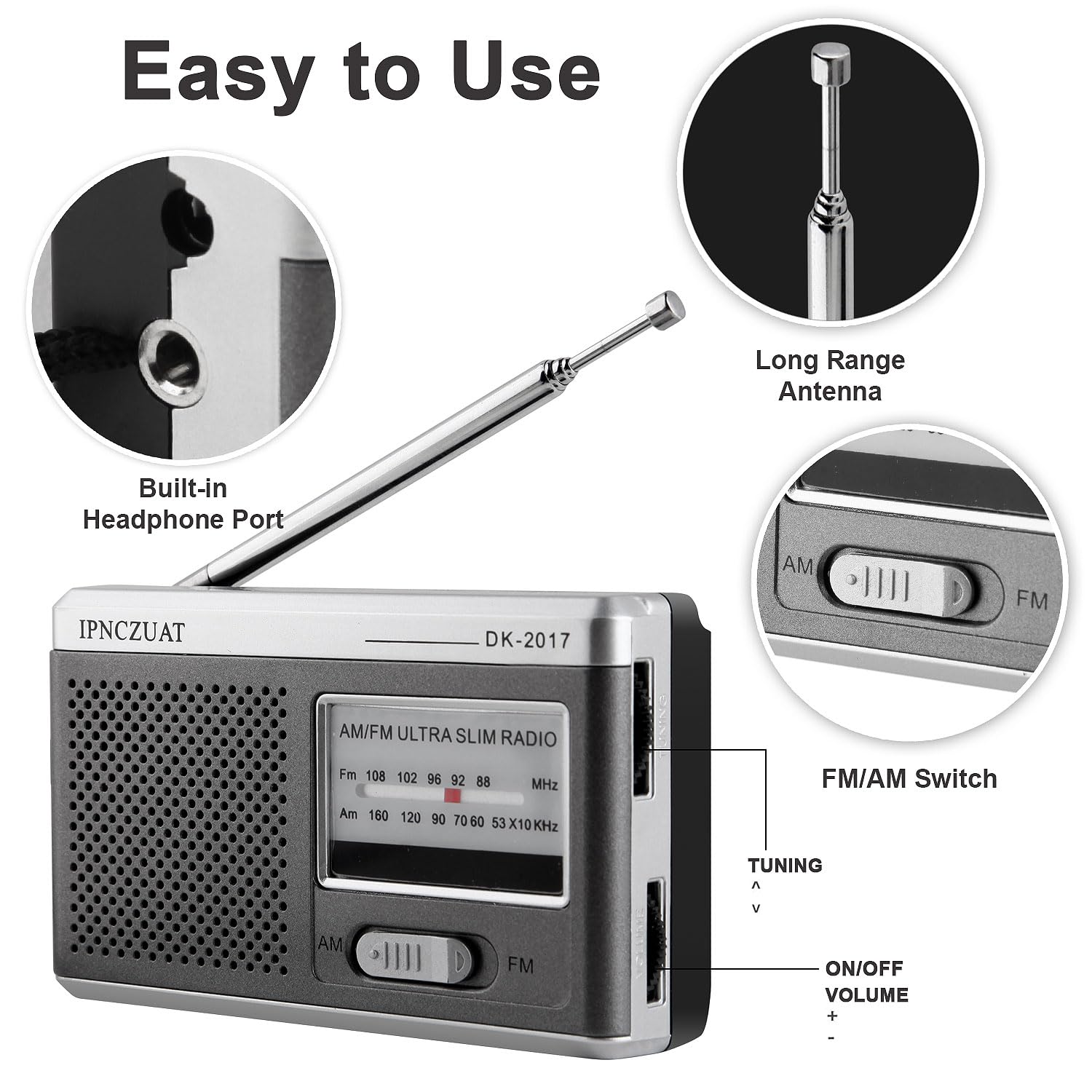 IPNCZUAT-DK-2017 Portable Mini Radio, AM FM Transistor with Loud Speaker,Headphone Jack, Operated 2AA Battery,Excellent Long Range Reception,Pocket Radio for Indoor, Outdoor and Emergency Use