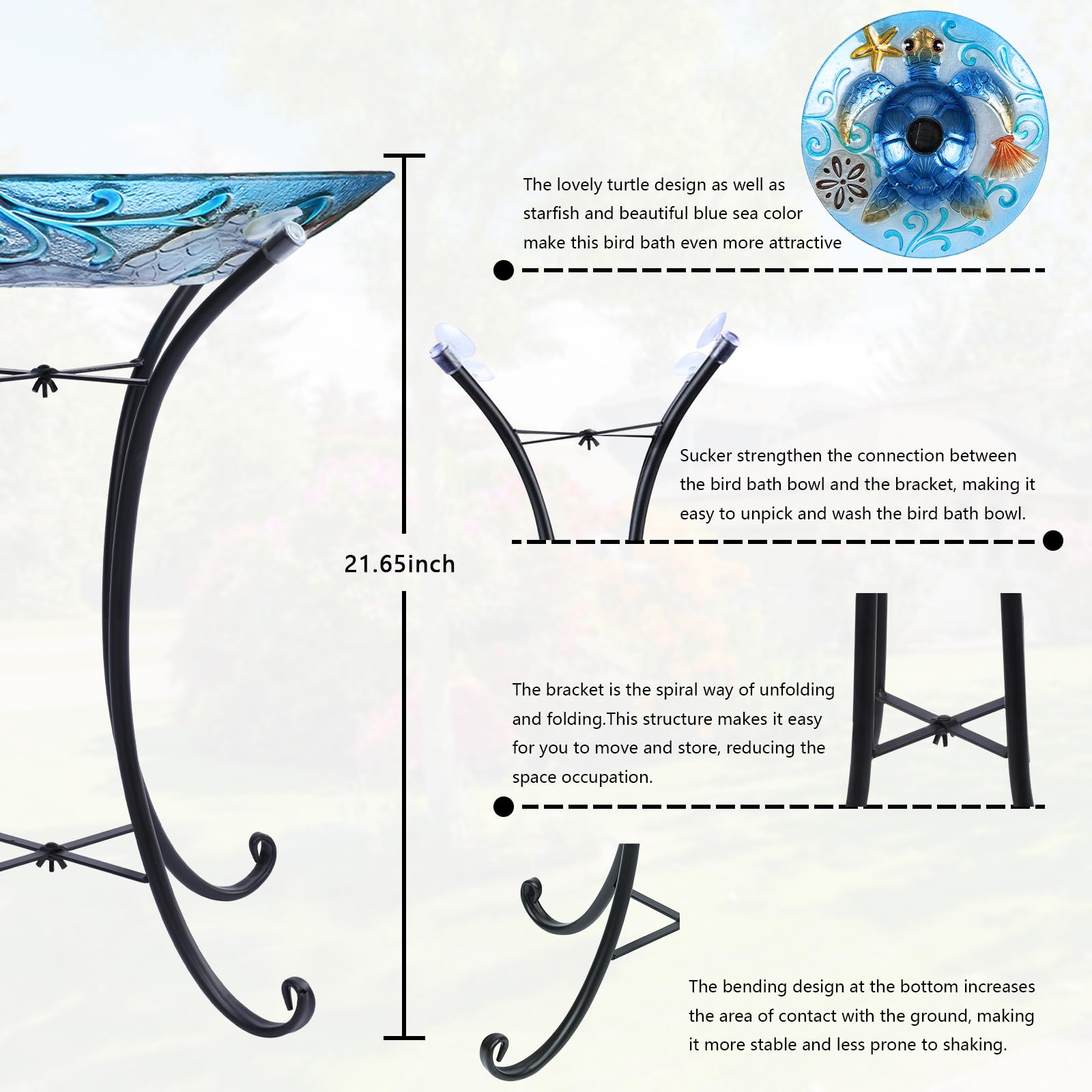 MUMTOP Glass Bird Bath, Bird Baths for Outdoors, Solar Birdfeeder with Metal Stand for Garden, Yard, Lawn Decor Sea Turtle Pattern(Blue, 21.5"X18")