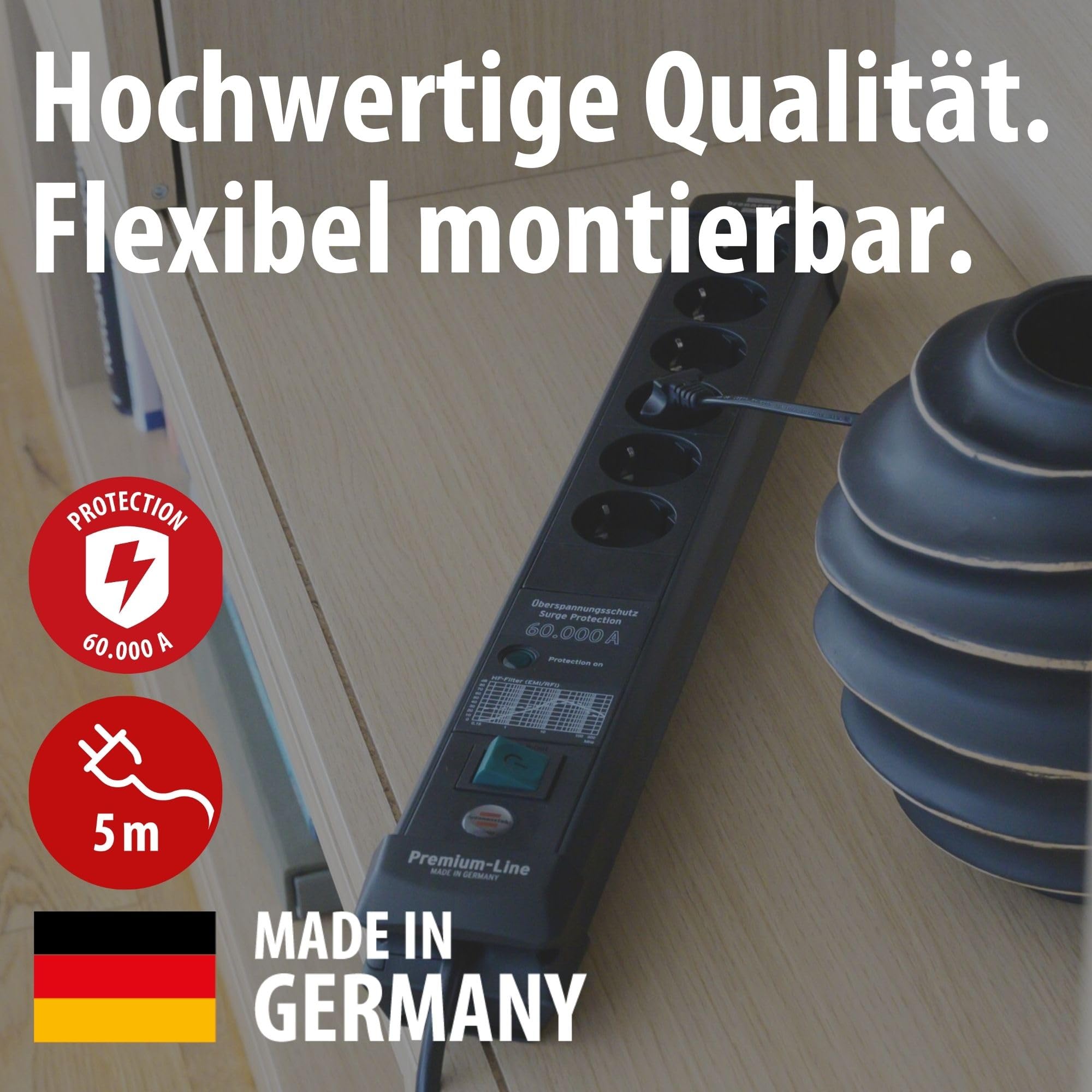 Brennenstuhl Premium-Line Steckdosenleiste 6-Fach mit Überspannungsschutz | Bis zu 60.000 A, Mehrfachsteckdose mit Schalter und 5m Kabel, Steckdosenleiste Wandmontage, Made in Germany, schwarz