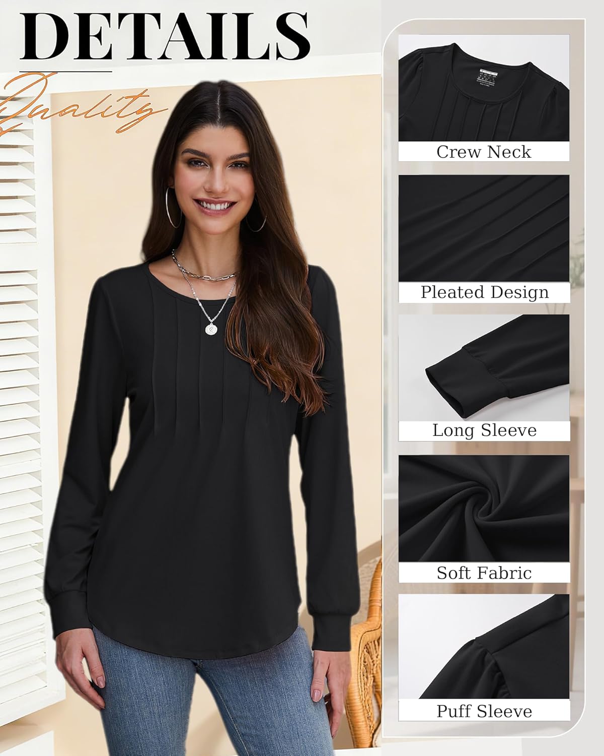 YUCOLEN Long Puff Sleeve Shirts for Women Pleated Crew Neck Tunic Tops Blouses Dressy Casual Fall Tops - Image 4