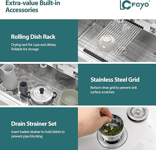 Miniatura 19 de Fregadero de cocina de 33 x 22 pulgadas, montaje superior, acero inoxidable 304, calibre 16, esquinas redondas, grandes fregaderos de cocina de Drop