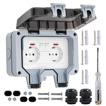 Waterproof External Surface Wall Plug, Waterproof Double Surface Plug, IP66 Socket with Switch and Light, 16A, Grey