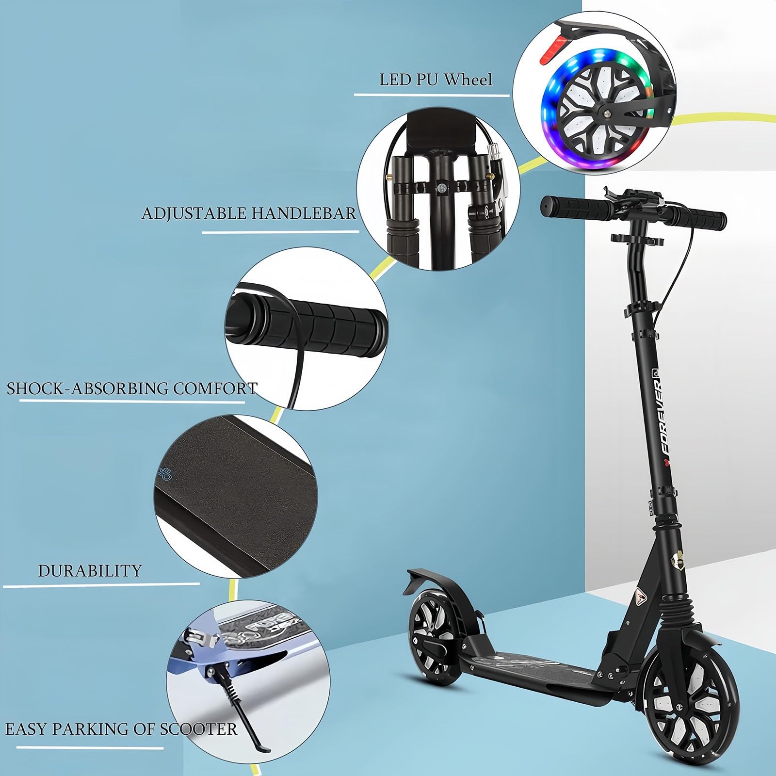 Monopattino Per Adulti Con Freno Posteriore E Ammortizzatore City Scooter Pieghevole 4 Altezze Regolabili, Capacità Di Carico 150 Kg