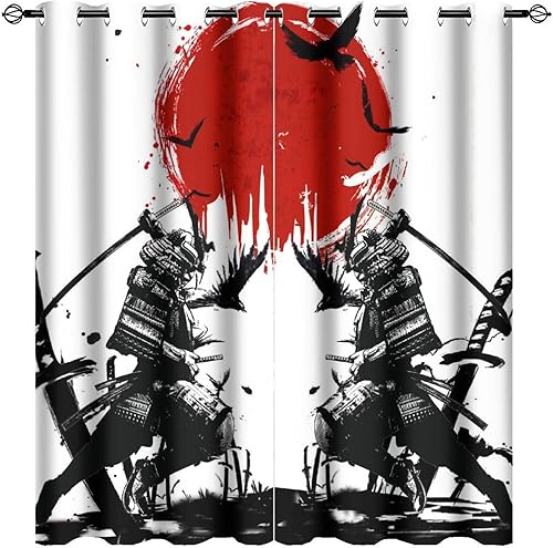 Miniatura 1 de Cortinas opacas japonesas samurái  Juego de tratamiento de ventana con estampado de sol rojo con ojales, ahorro de energía, cortinas con aislamiento