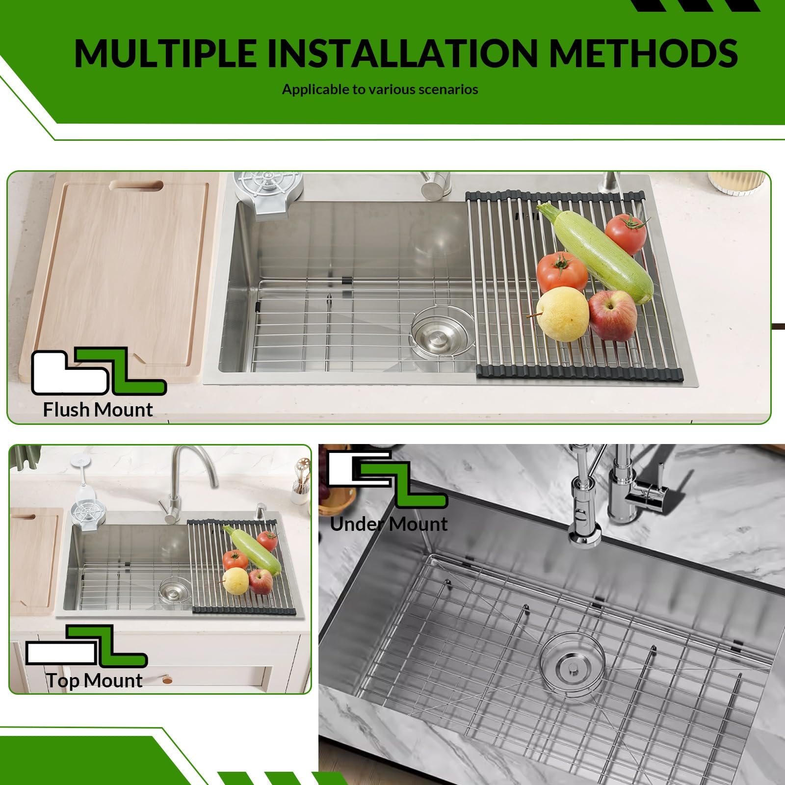 Fregadero Cocina 1 Seno, Acero Inoxidable Fregadero Con Escurreplatos Y Dispensador De Jabón, Fregadero De Cocina Pequeño Con 2 Agujeros Pretaladrados, Fregadero Sobre Encimera O Enrasado(Silver#2,85x