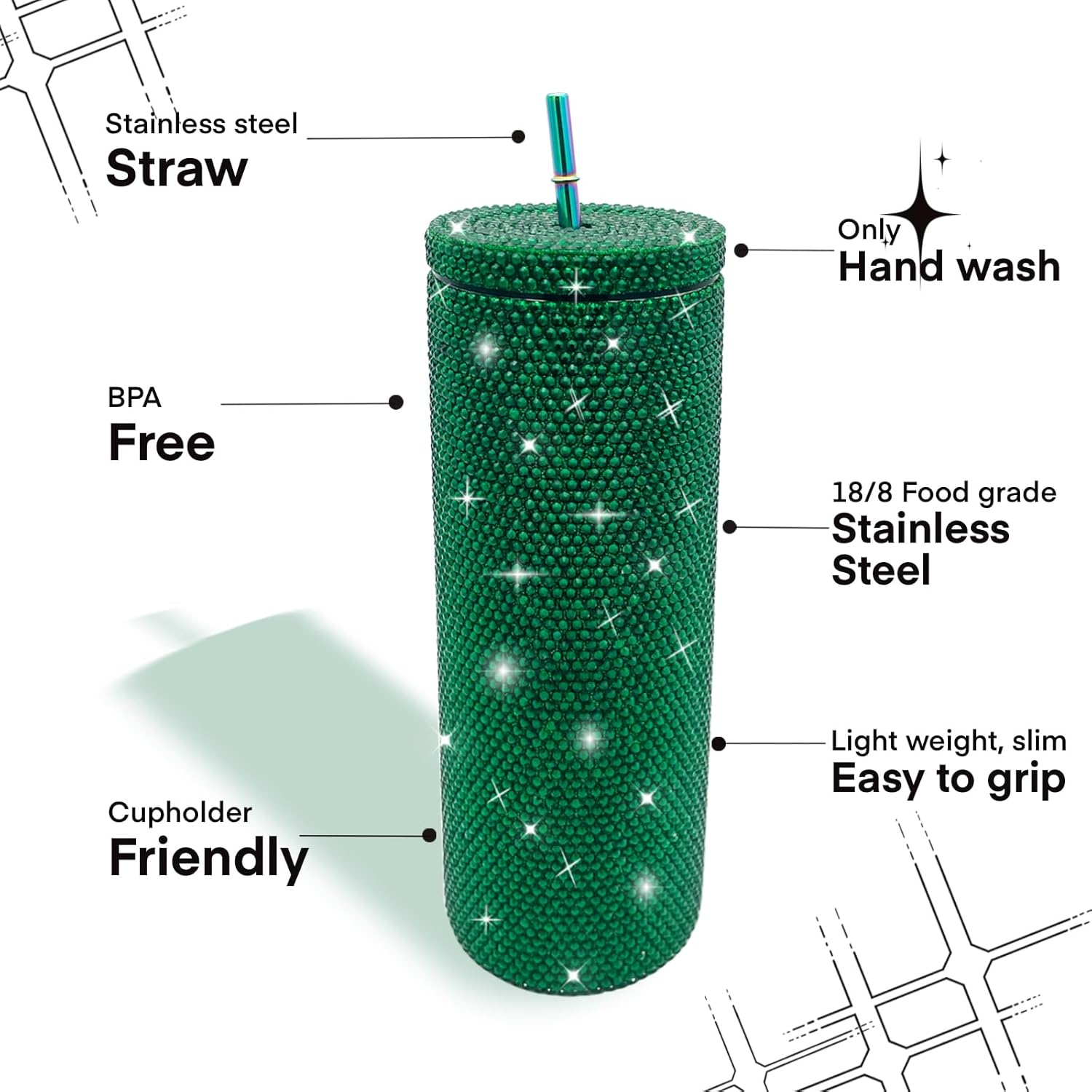 20oz Bling Diamond Tumbler with Lid and Straw Studded Skinny Tumbler Stainless Steel Vacuum Insulated Water Bottle Double Wall Iced Coffee Mug Reusable Glitter Cups (Emerald) - Image 3