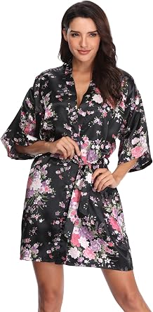 Super Shopping-zone Women's Floral Short Satin Bridesmaid Robes Silky Bride Robes Getting Ready