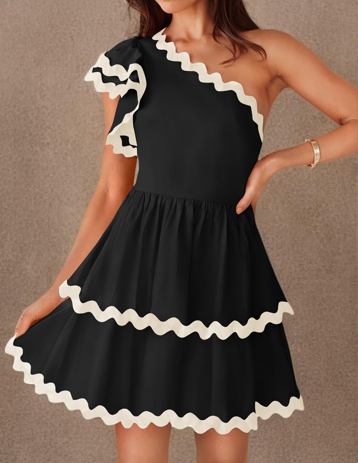 ZESICA Women's 2025 Summer One Shoulder Dresses Ruffle Short Sleeve Tiered Layered Swing A Line Mini Sundress - Image 7