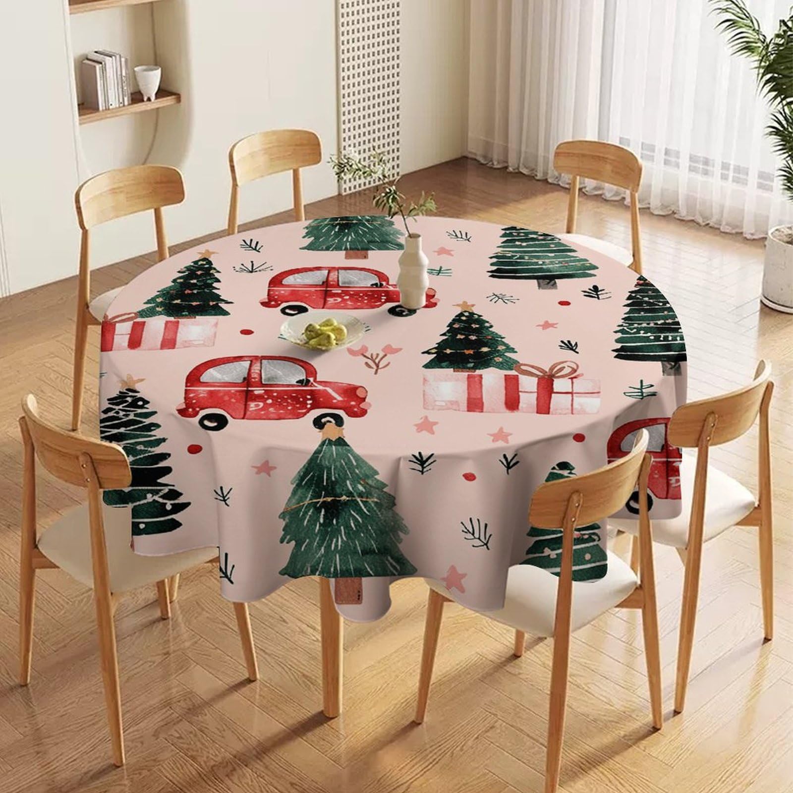 Nappe ronde lavable anti-tache de 178 cm au motif sapins et voitures vintage