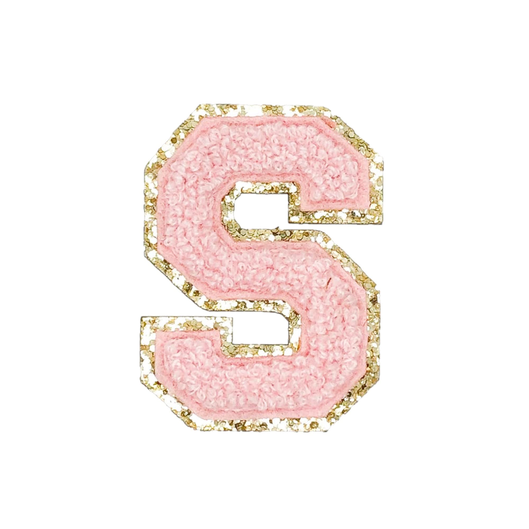 Gold Glitters & Pink Chenille Varsity Initial Patches, Adhesive Sticker Iron On, 2.25" Height (S)