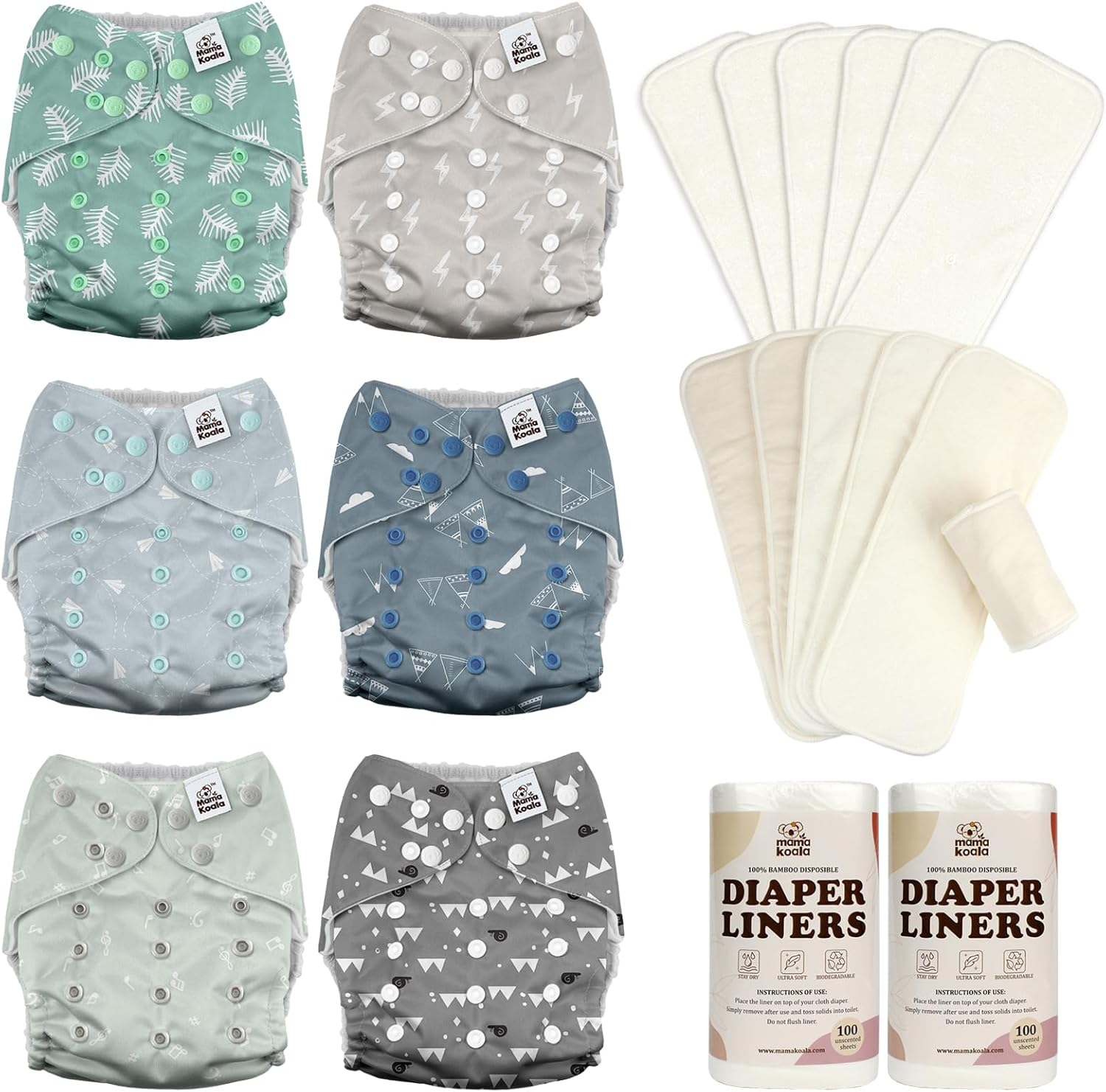 Mama Koala 3.0 Baby Cloth Diapers with 6 Inserts Bundle, with 6pcs 6-Layer Bboo Hemp Cotton Inserts, and 2 Rolls Natural Liners