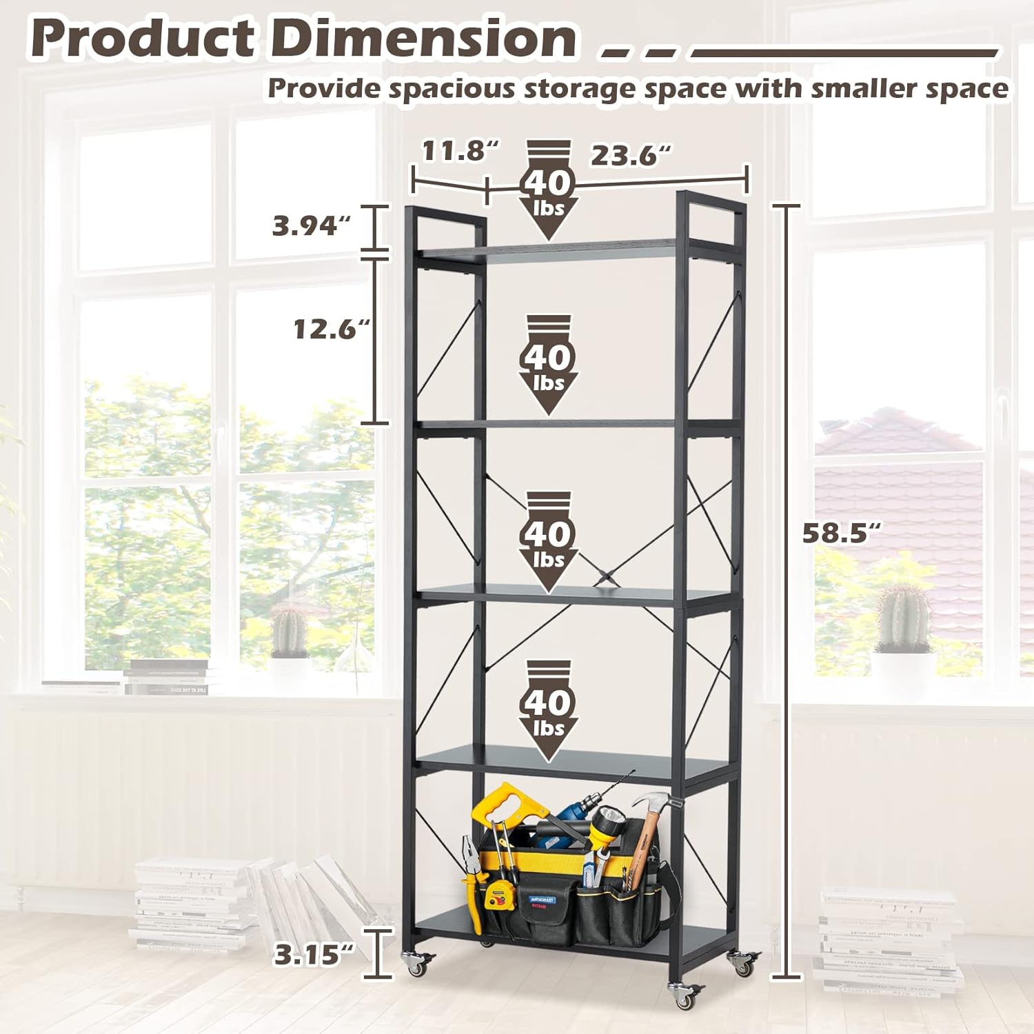 Buy ACIPENSER 5Tier Bookshelf, Tall Bookcase with Wheels, Rustic Wood