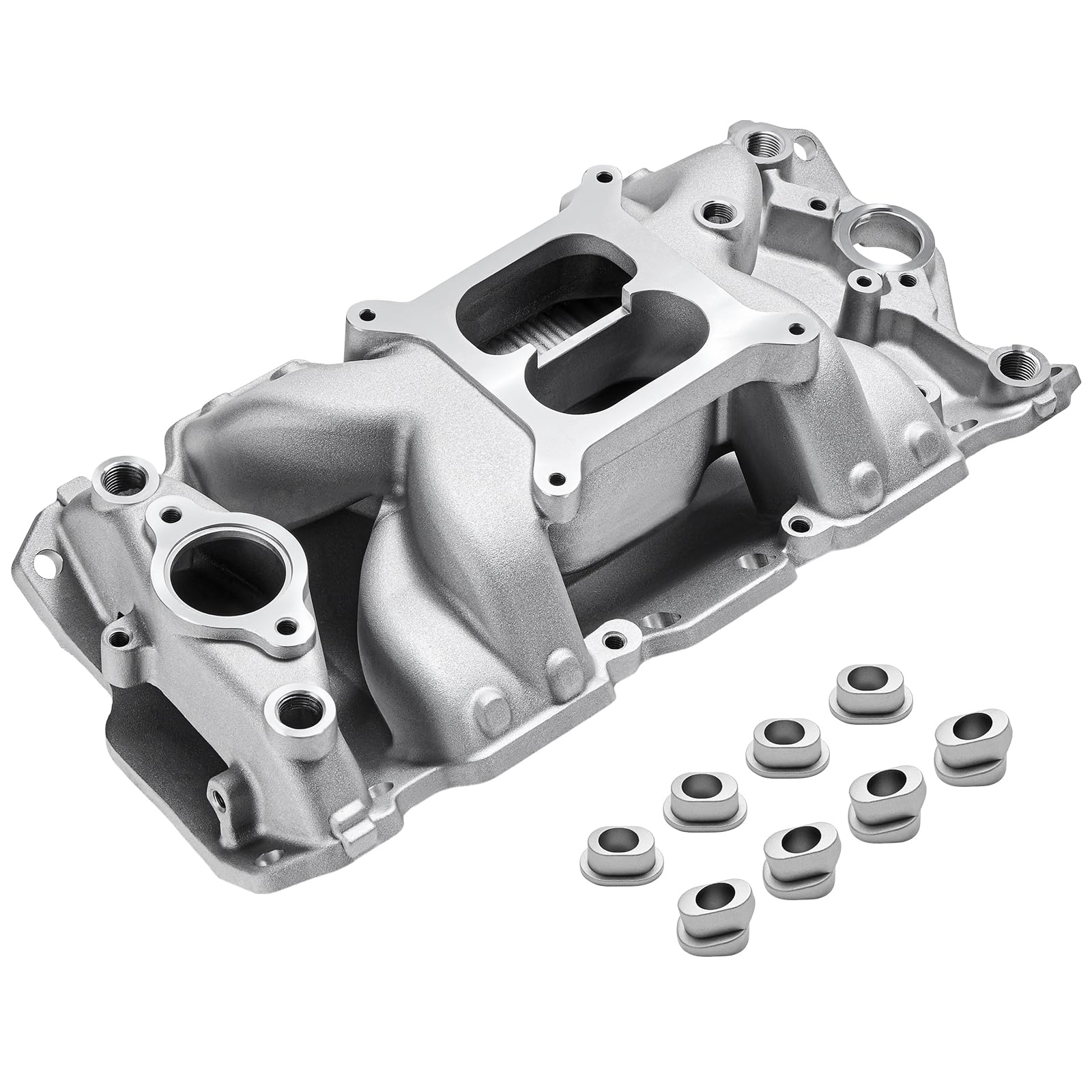 2026 7501 Intake Manifold Aluminum Performance Dual Plane Air-Gap Compatible with Chevy Small Block SBC 1955-86 262 265 267 283 302 305 307 327 350 400 V8 Engine, Silver