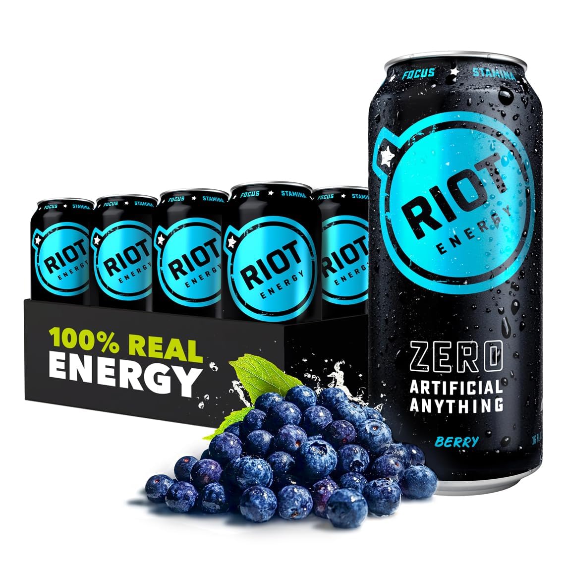 RIOT Clean Energy Drink – No Sucralose, No Sugar Added, No Artificial Flavors | 160mg Natural Caffeine + 100mg L-Theanine | Clean Focus, Stamina & Smooth Energy | 16 Fl Oz (Pack of 12) (Berry)