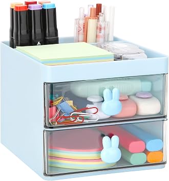 LETURE Small Desk Organizer With Drawer, Office Desktop Storage Box, Business Card/Pen/Pencil/Mobile Phone/Stationery Holder Storage Box, Makeup Organizer for Office School Home Blue