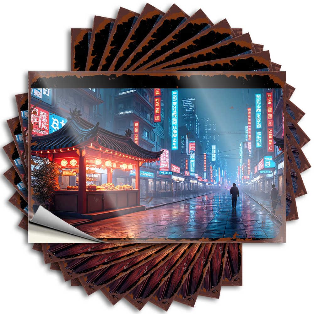 Tattoo Gaming Room Accessories | Badass Wall Rainy Night in A Vibrant Neon-lit Cityscape for Autumn(8X12CM)