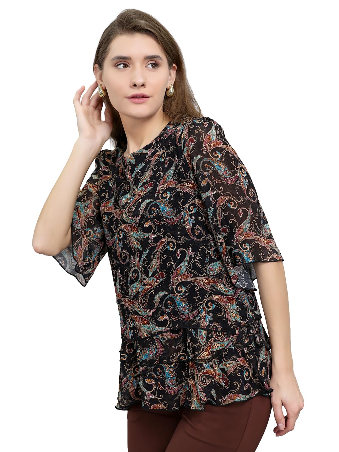 monte carlo Women's Regular Fit 3/4 Sleeve Paisley Print Fashion Neck Top (Pack of 1)-picture-54