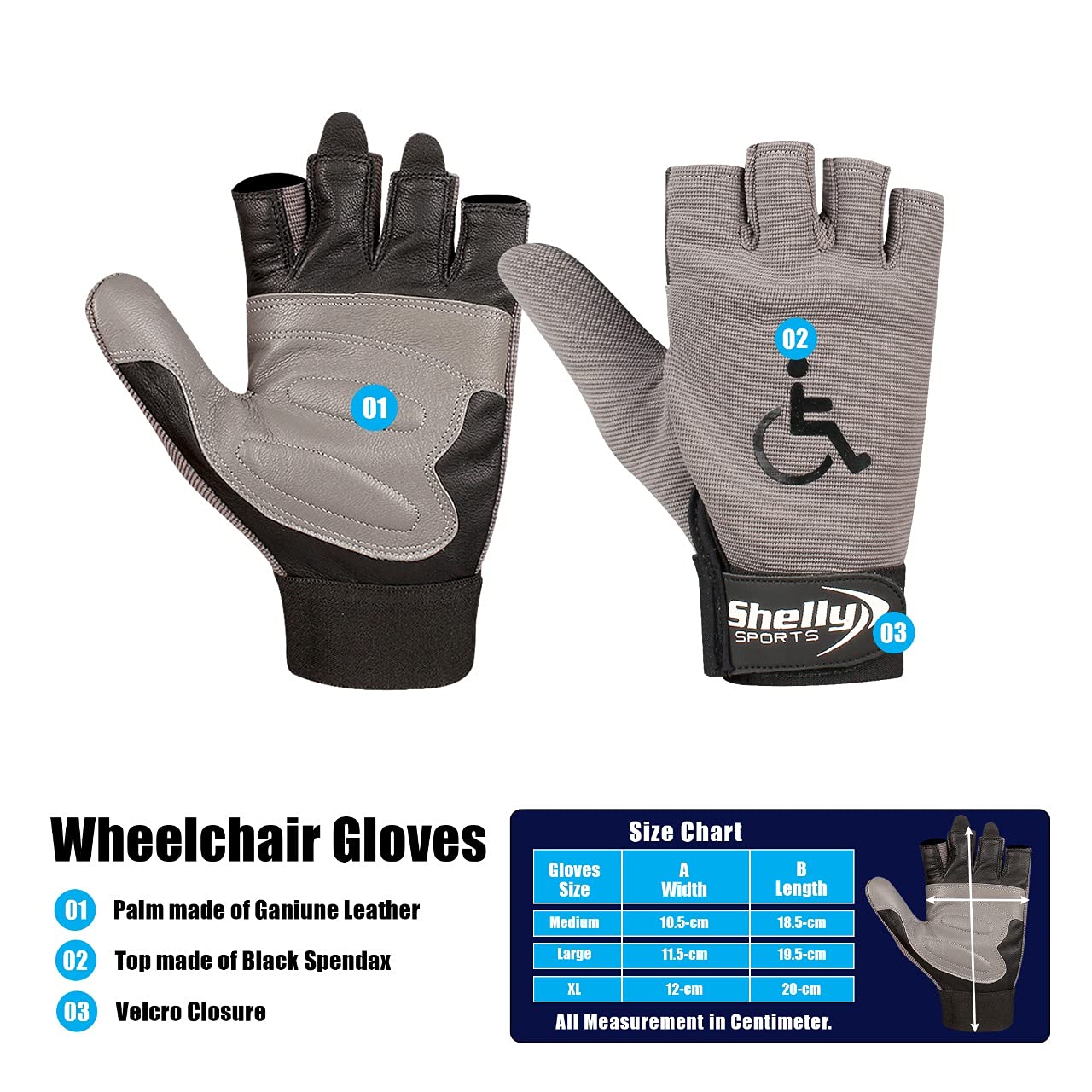 Gants de fauteuil roulant en cuir véritable paume rembourrée sans doigts antidérapants cyclisme légers M