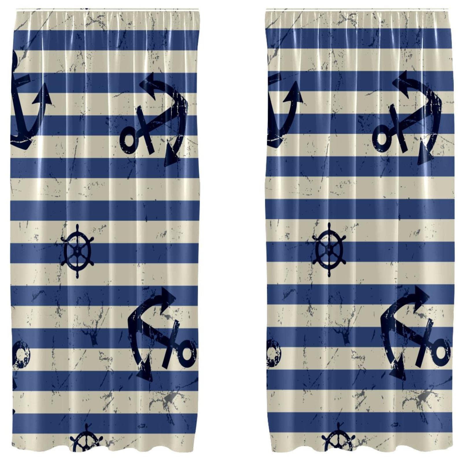 Cortinas opacas de ancla marina en rayas azules juego de 2 paneles de microfibra de 55x84 pulgadas