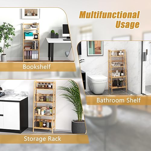 Miniatura 5 de HAPPYGRILL Estantería de bambú de 4 niveles, estantería abierta independiente para libros, soporte multifuncional para exhibición de flores, estante